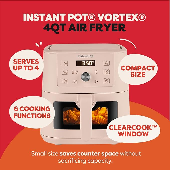 Instant Pot 4Qt VORTEX 6-in-1 Mini Air Fryer, Custom Program Options, Air Fry, Broil, Roast, Dehydrate, Bake, Reheat, Rosewater, 4 Quarts