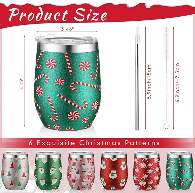 Sliner 6 Pack Pack Christmas Glitter Tumbler Bulk, 12 oz Holiday Wine Tumbler Set Stainless Steel Insulated Sparkling Glitter Cup with Lids Straws and Brushes Travel Mug Xmas Gift (Snowman Style)