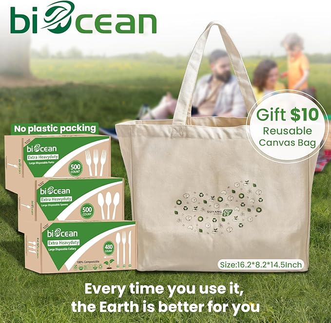 Extra Heavyduty Compostable Spoons [500 Count,6.7In] Disposable Cutlery No Plastic Spoons Large Biodegradable Utensils Eco Friendly Silverware for Party,BBQ,Daily Use [With Tote]