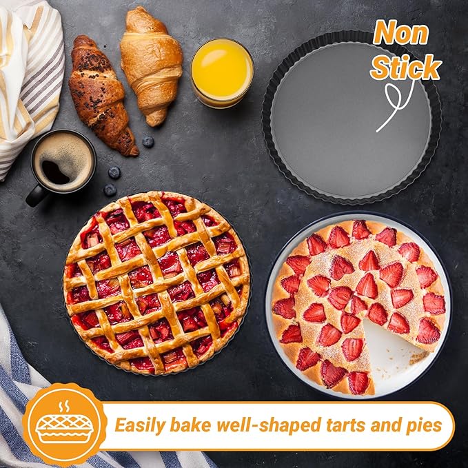 Beasea Tart Pan 10 Inch with Removable Bottom, Non Stick Quiche Pan Pie Shell Fluted Edge Tart Pan, Loose Base Carbon Steel Round Cooking Pan for Baking