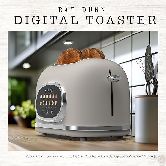 Rae Dunn Retro Digital Electric Toaster, 2 Slice Stainless Steel Toaster With Touchscreen, Countdown Timer, 6 Shade Settings, Wide Slots, High Lift Lever, Bagel, Defrost & Reheat, Digital Cream