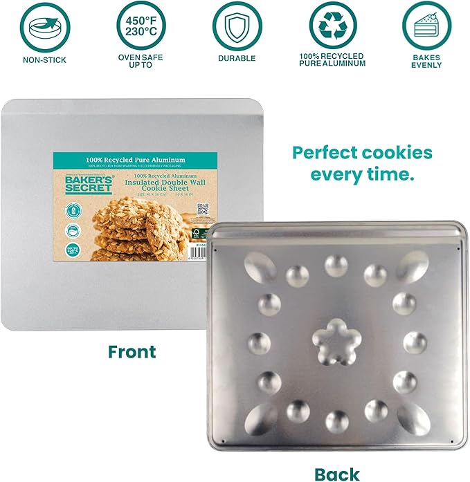 Baker's Secret Pure Aluminum Insulated 16" Cookie Sheet Commercial Grade, 100% Recycled Alu Cookie Sheet Extra Thick - The Natural Aluminum Collection