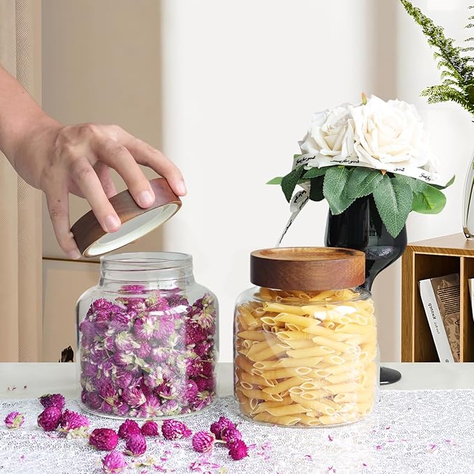 40 oz Glass Jars with Wooden Airtight Lid Herb Spice Canister Round Clear Glass Food Storage Container for Pantry Sugar Tea Coffee Bean Spice Cookies Bath Salts (1200ml/40oz-1 Pack)