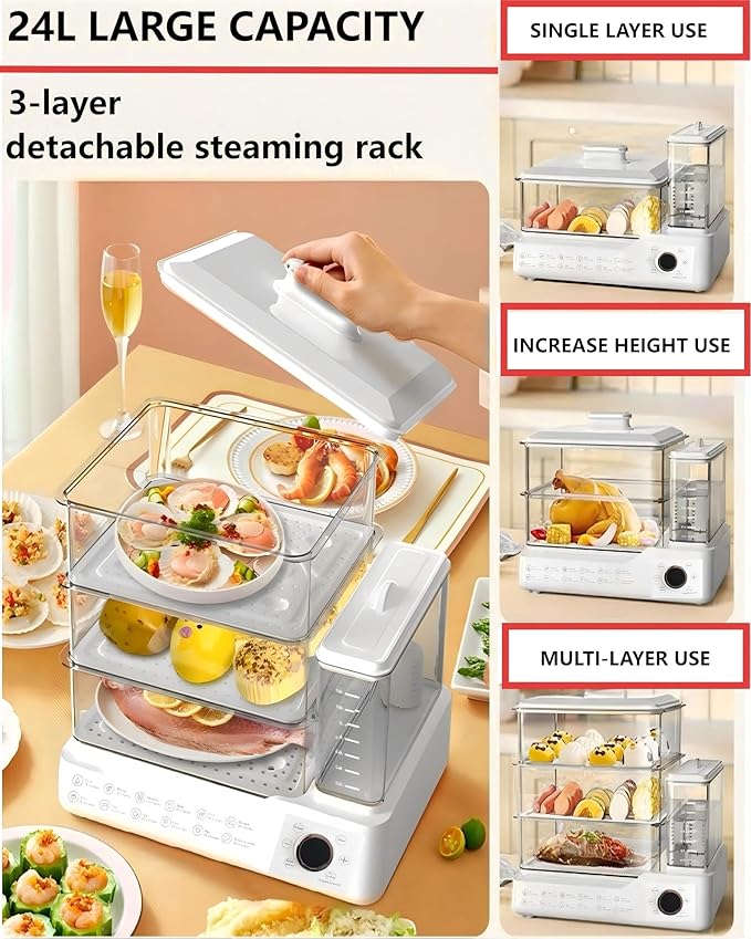 Zuhuachi 24L Electric Steamer, Three-Layer Food Steamer, Stainless Steel Steamer With Detachable Water Tank, 800w Large Capacity Breakfast Machine With Timer, Suitable For Families And Gatherings