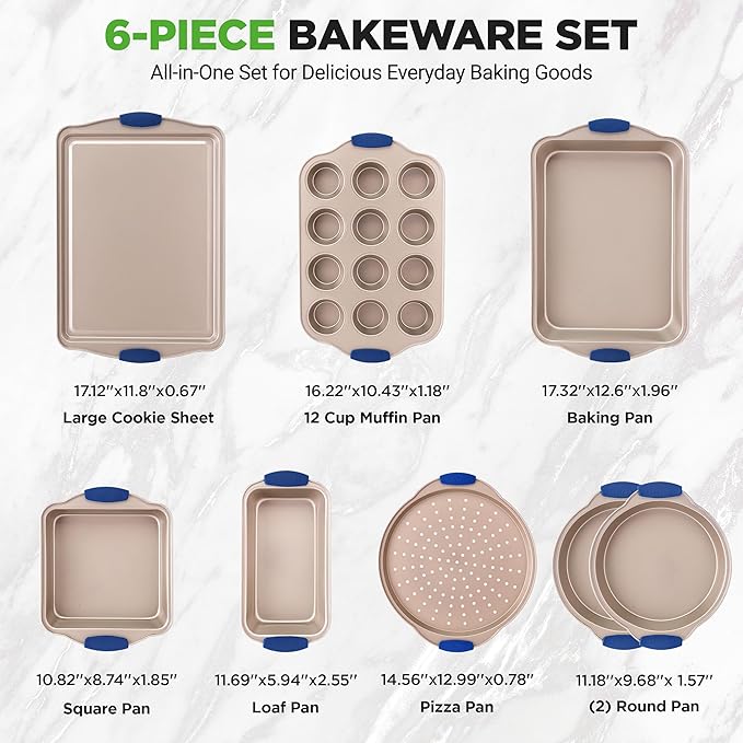 NutriChef 8-Piece Nonstick Bakeware Set - Heavy Duty Carbon Steel Baking Pans w/ Blue Silicone Handles - Pizza Crisper, Muffin & Loaf Pan, Round & Square Pans, Cookie Sheet - Champagne Gold