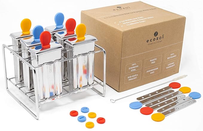 Ecozoi Stainless Steel Popsicle Molds – Reusable Metal Paleta Maker Set with 6 Molds, 6 Sticks, 12 Silicone Seals & Cleaning Brush – Easy Release Ice Pop Maker for Kids & Adults, 3 oz Each