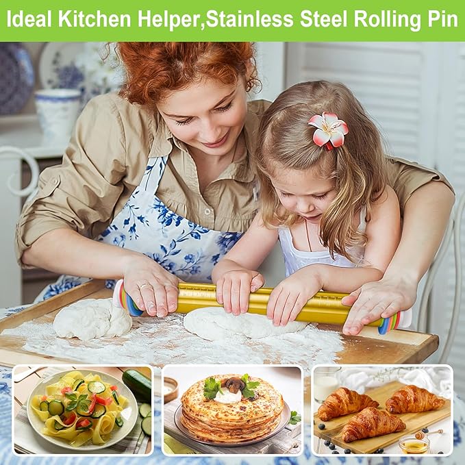 Adjustable Rolling Pins for Baking, Stainless Steel Rolling Pin with Thickness Rings, Metal Dough Roller for Fondant Cookies Pastry Pizza Pasta, Measuring Rolling Pin Baking Tools for Cake Baker, Gold