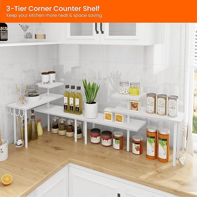Homode Kitchen Countertop Organizer Corner Shelf, Bathroom Counter Organizers and Storage, 3 Tier Wood Shelf Organizer Space Saver for Make Up, Dresser Table, Desktop, White