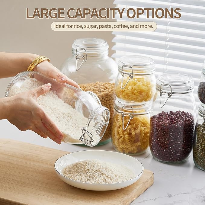 ODBCYWM 34oz Glass Food Storage Jars with Airtight Lids, Set of 4 – Clear Preserving Seal Wire Clip Fastening Canisters for Kitchen Canning, Flour, Cereal, Pasta, Sugar, Beans, Pickling Jars (34oz*4)