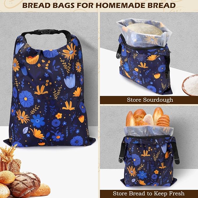 2 Pack Reusable Bread Bags for Homemade Bread, 17"×13" Sourdough Bread Storage Bags with Bowl Cover - Keep Loaf Fresh and Easy to Wash(Blue-Yellow Floral)