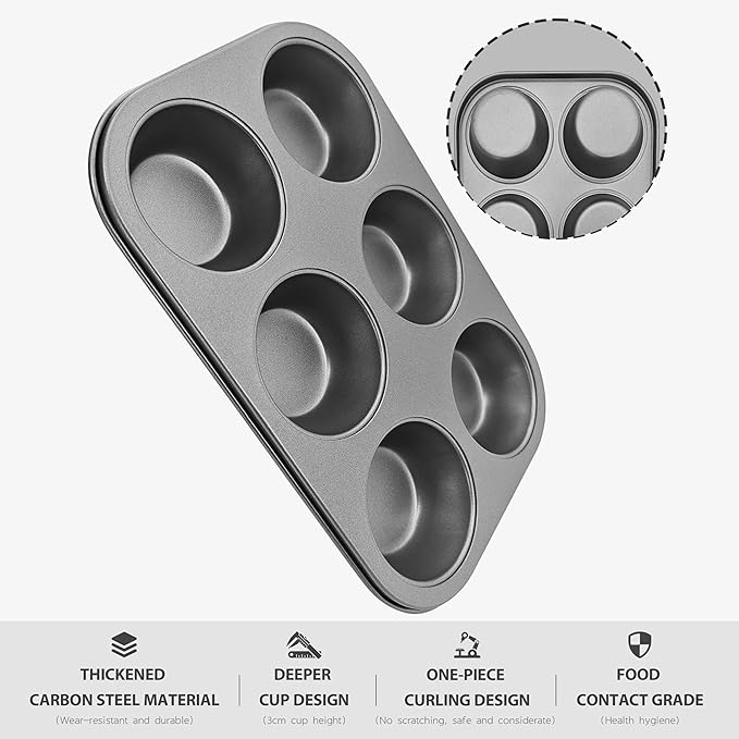 Satax Muffin Pan for Baking, Nonstick Cupcake Tin 6 Cup,sets of 2,Heavy Duty Steel Muffin Pan (Silver, 6-cup)