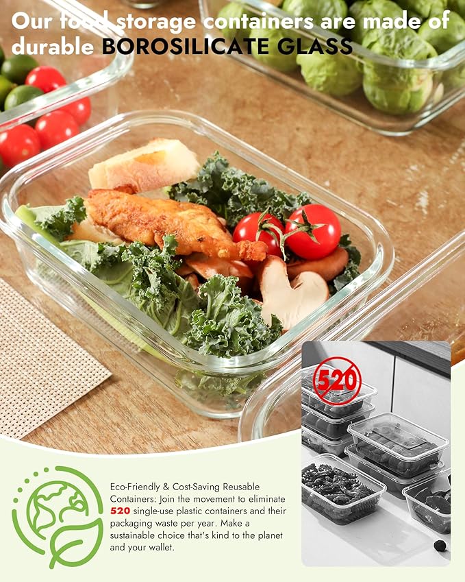 12-Pack Glass Containers with Tempered Lids – Borosilicate, Oven-Safe(-4°F~950°F), Airtight, BPA-Free, Multi-Size for Meal Prep, Dishwasher Safe (Blue)