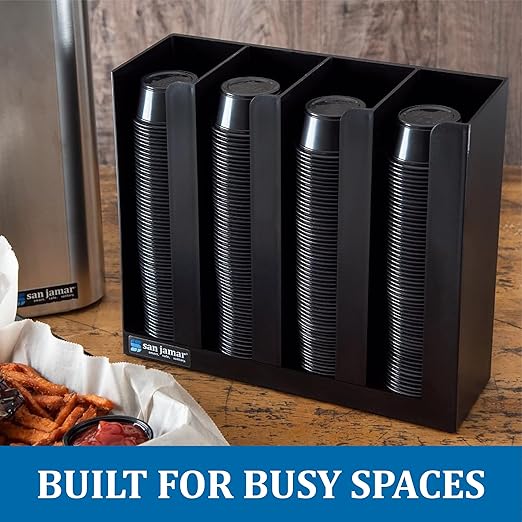 San Jamar Portion Cup and Lid Organizer Fits 2-3" Cups and Lids with Removable Dividers for Kitchen, Restaurant, and Fast Food, Plastic, 10 x 11.5 x 3.75 Inches, Black