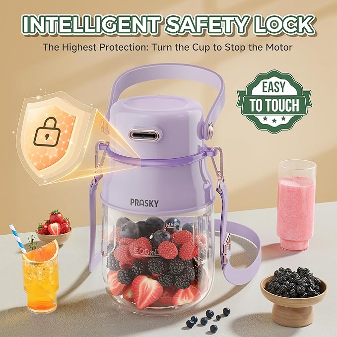 Portable Blender, Prasky Personal Blenders for Shakes and Smoothies with 27oz Cup, Lid and Shoulder Strap, Type-C USB Rechargeable, Personal Size Blenders BPA-free for Travel/Kitchen (Purple)