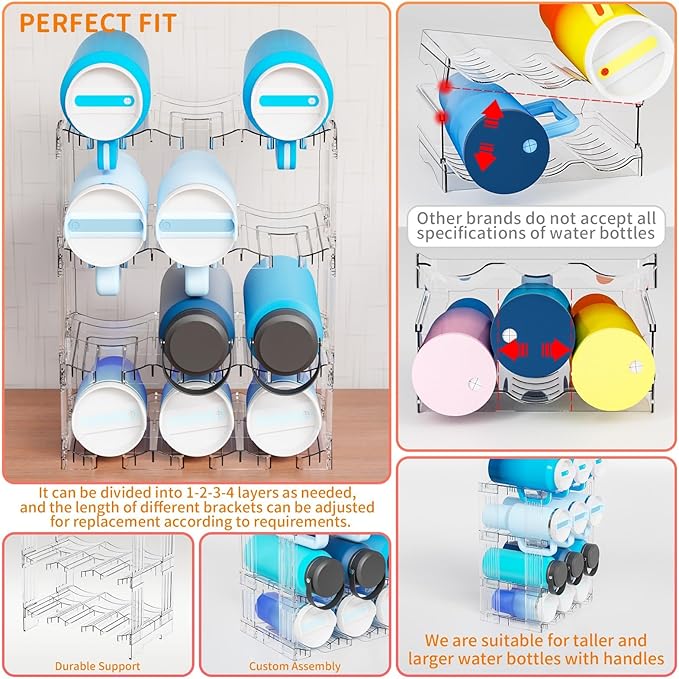 Yieach Large Stanley Cup Holder With Handle Groove,Stackable Tumbler and Water Bottle Organizer for Kitchen Cabinets,2 Tier Waterbottle and Cup Storage Organizer for 40 OZ Yeti,Owala,Yeti Storage