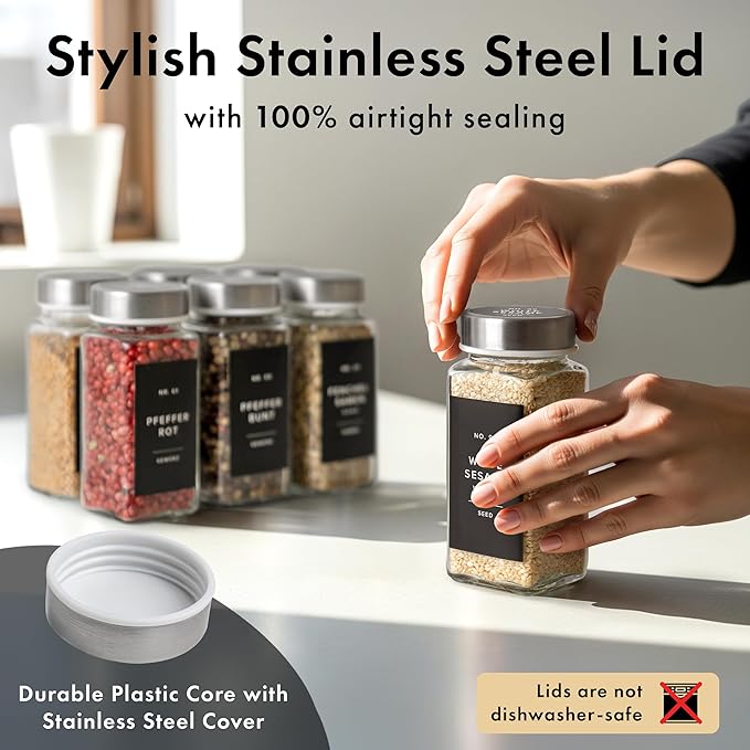 EDELHAUS Glass Spice Jars with Labels and Steel Lids (24 x 4oz) Spice Containers with 240 Label, Steel Funnel, Shaker Inserts, Empty Square Seasoning Organizer for Spice Rack, Cabinet, Drawer