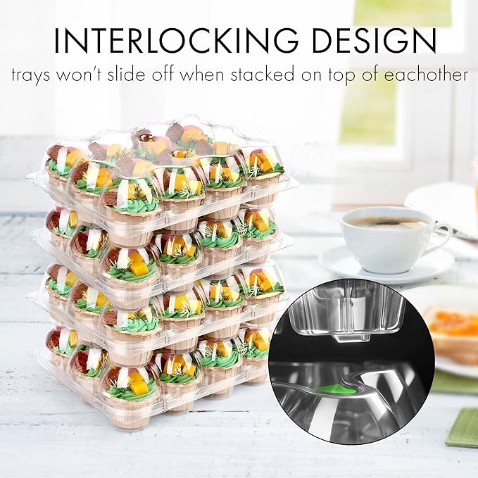 LotFancy (12 Count x 12 Sets) Cupcake Containers with 144 Liners, Thick Plastic Cupcake Boxes Holders, BPA Free, Disposable Cupcake Carrier with Detachable Tall Dome Lid