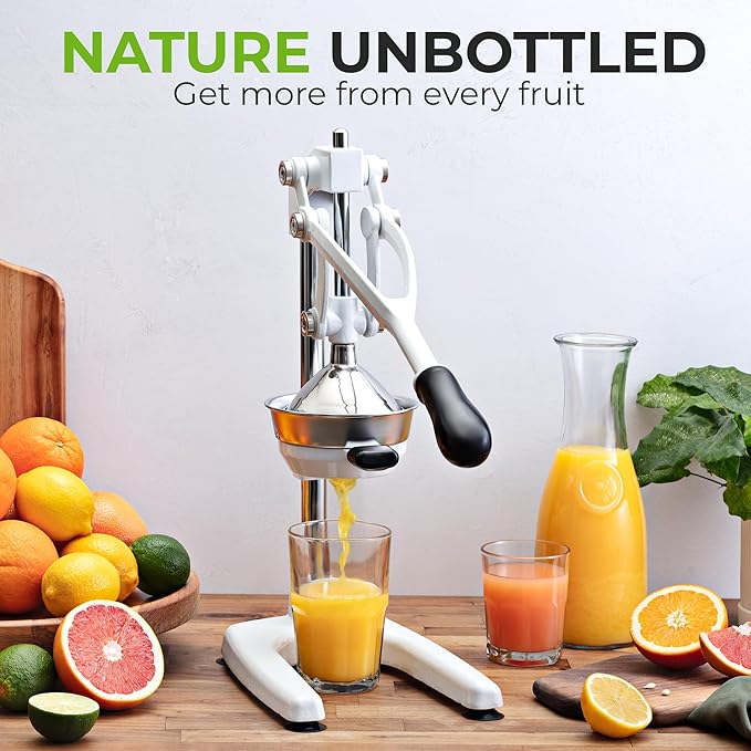 Zulay Kitchen Pulperizer 9 in 1 Cast Iron Juicer - Easy-to-Clean Heavy-Duty Manual Juicer with Presser Attachment to Juice All Types of Fruits! Extra Tall with Stainless Steel Bowl - White