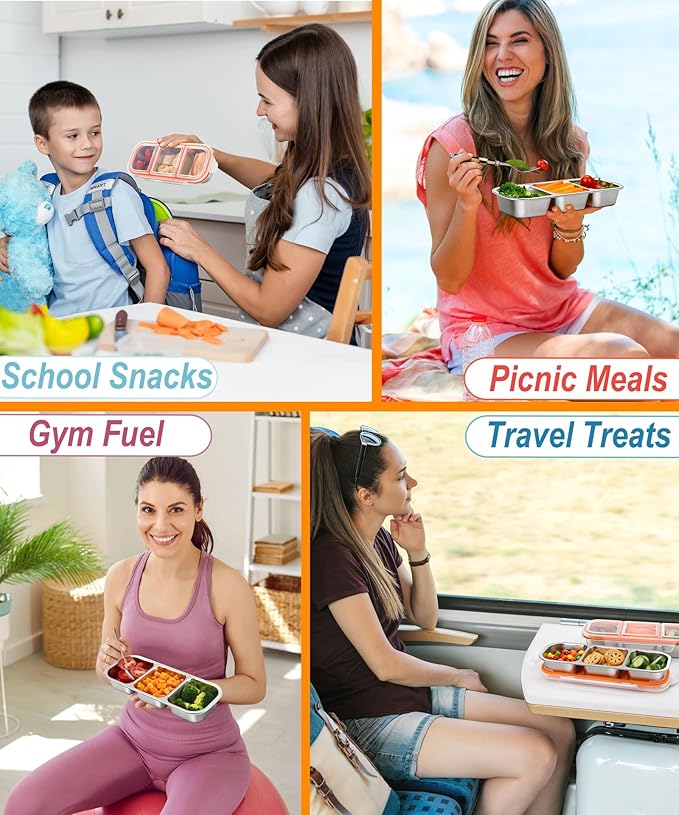 KTKUDY 3 Pack Stainless Steel Snack Container for Kids & Adults - Large - Leak-Proof 3-Compartment Stackable Snack Lunch Box for Daycare, School, Work & Travel