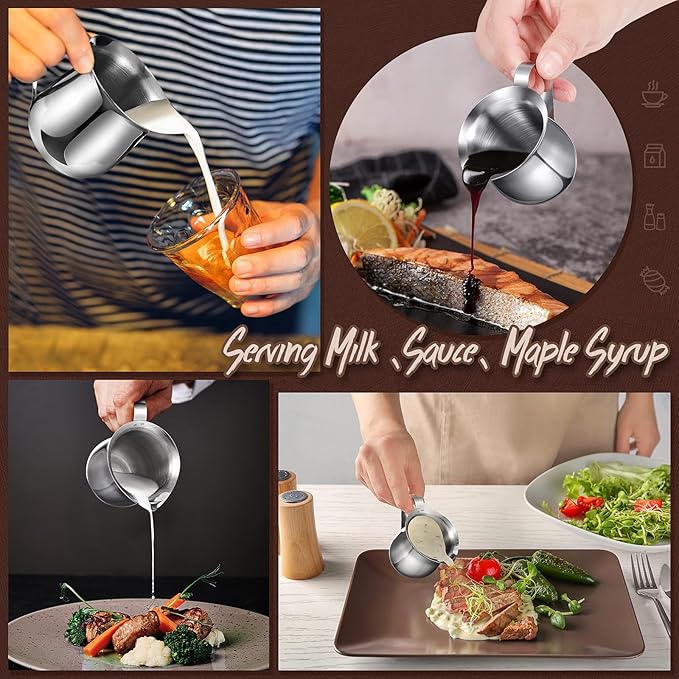Potchen 6 Pack Stainless Steel Bell Creamers 3 Ounce Creamer Pitcher Mini Coffee Milk Pitchers with Handle and Pouring Spout Cups for Serving Espresso, Tea, Milk, Maple Syrup, Sauce
