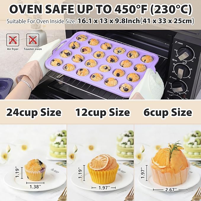 Mini Silicone Muffin Pan with Metal Frame, Non Stick Silicone Cupcake Pan with Handles 24 Cup, BPA Free Silicon Muffin Tin Tray Small for baking, egg bites, Cupcake Mold Purple