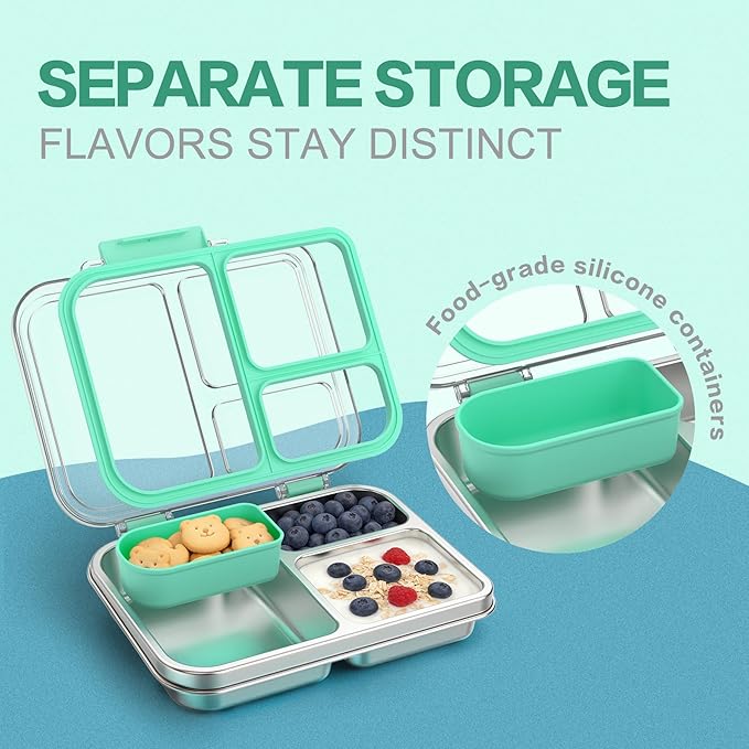 Stainless Steel Bento Box for Kids, 3-Compartment Metal Lunch Box with Clear Lid & Removable Silicone, Lunch Box Kids with Silicone Inner Container for Meal Prep, School, Office (Blue)
