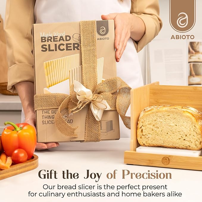 ABIOTO Bread Slicer for Homemade Bread - No Splinter with HDPE Base & Maple Finger - 4 Different Thicknesses for Uniform & Consistent Slices - Foldable Bread Cutter with Optimal Knife Grooves