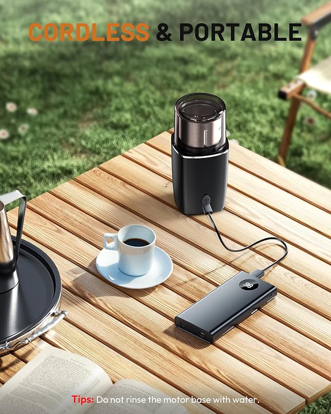 CEVING Hands-Free Blade Coffee Grinder, Cordless Coffee Mill with 5-30S Adjustable Grinding, Triple-Lock Safety & 1500mAh Rechargeable Battery with Removable Bowl, Portable for Camping, Travel, etc.
