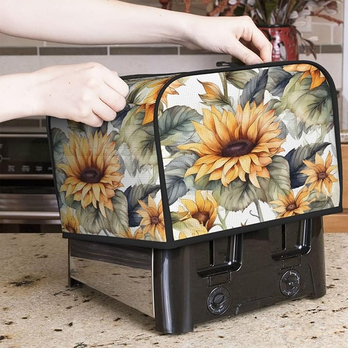 Toaster Cover 4 Slice Art Sunflower Floral Waterproof Appliance Cover with Hang Loop Bread Baker Toaster Cover for Kitchen