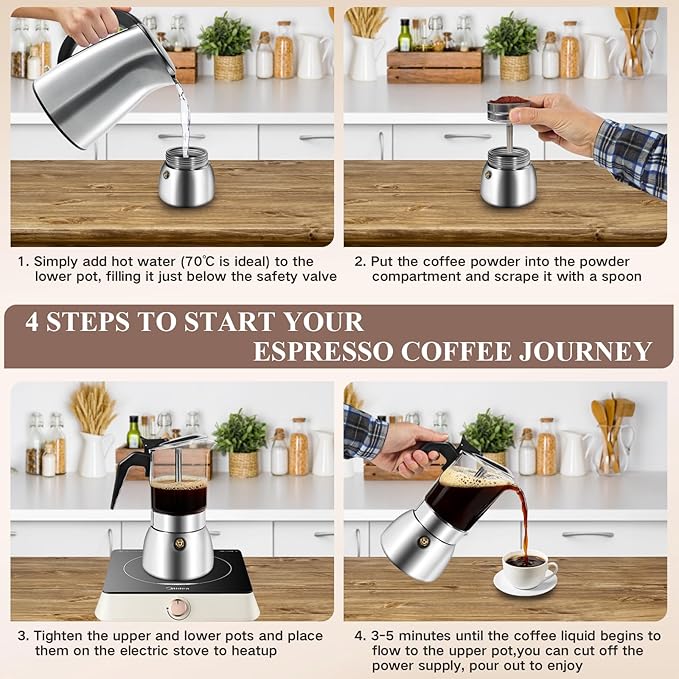 Moka Pot Stovetop Espresso Maker, Crystal Glass-Top & 304 Stainless Steel Italian Coffee Brewer, 300ml 6-Cup Espresso Pot for Home & Camping, Silver
