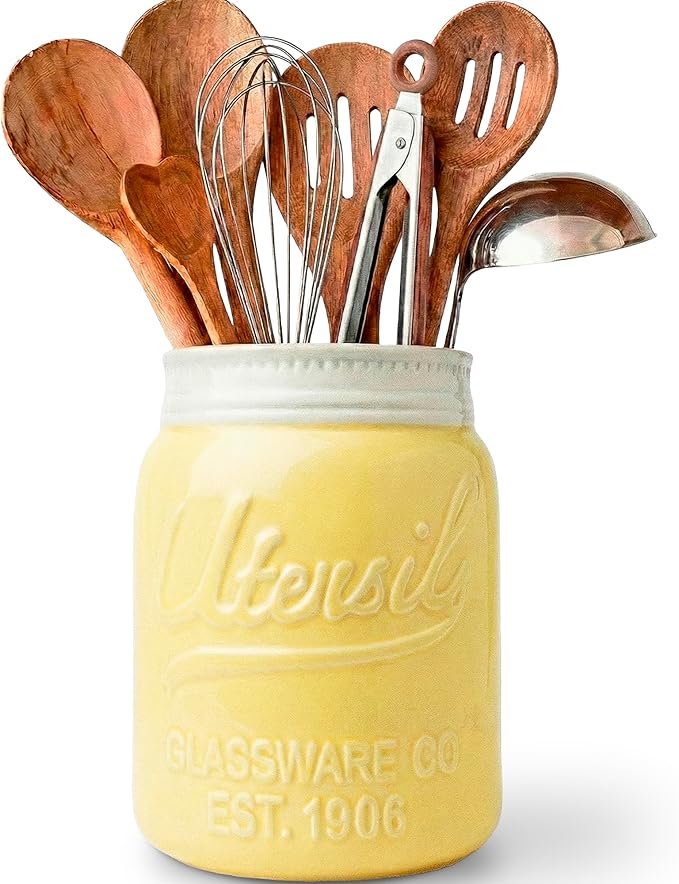 Comfify Wide Mouth Mason Jar Utensil Holder Decorative Kitchenware Organizer Crock, Dishwasher Safe - Kitchen Caddy Green, Large Size 7" High - Yellow