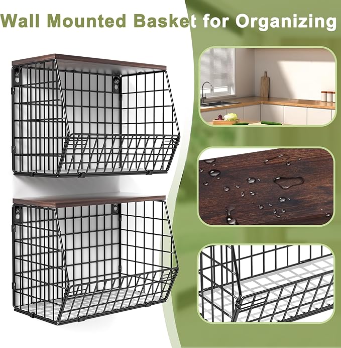 Wawocs Fruit Basket for Kitchen Counter 2 Tier Fruit Bowl, Stackable Wall Mounted Hanging Fruit Basket Wire Baskets with Wood Lid with 4 Banana Hanger Hooks, Onion Basket, Fruit and Vegetable Storage