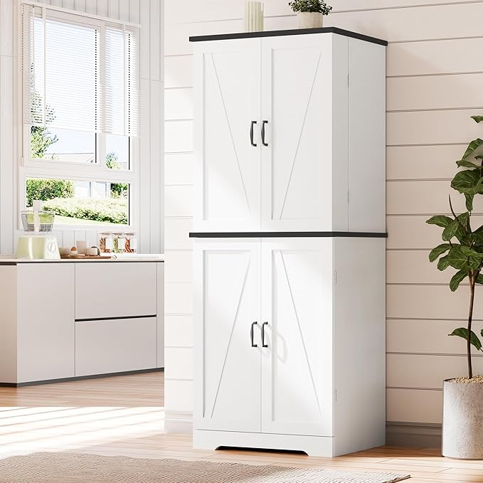 Vongrasig Kitchen Pantry Storage Cabinet with Barn Doors, Drawer and Adjustable Shelves, 6-Tier Tall Rustic Wood Cupboard Locker for Kitchen, Dining Room, Living Room, Bathroom, (White)