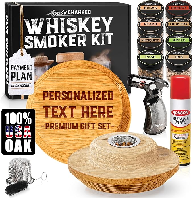 Personalised Whiskey Smoker Kit with Torch & Butane with Oak Wood Chips - Custom Engraved Smoke Lid for Bourbon & Old Fashioned Cocktails - Unique Whiskey Gifts for Men - Fits Various Glasses