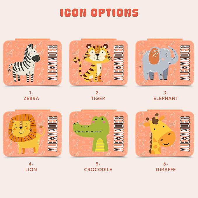 Personalized Bento Box for Kids with Safari Icon and Name - Salmon - 5 Compartments Drop-Proof Bento Box, Dishwasher Safe, Made with BPA-Free Materials, Bento Lunch Box for Kids and Toddlers