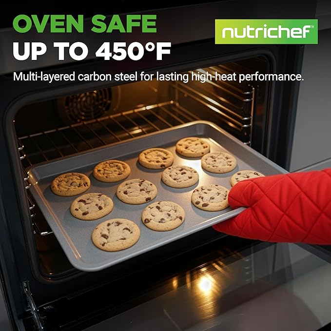 NutriChef 2-Piece Nonstick Cookie Sheet Baking Pan Set - Premium Bake Trays w/ Sleek Non-Stick Coating PFOA, PFOS, & PTFE Free - Large (15"x11") & Medium (13"x9") - Dishwasher Safe