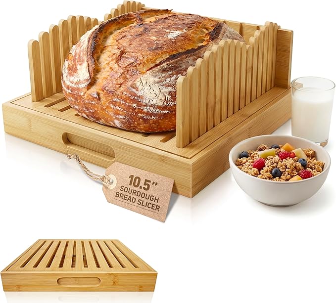 Adjustable bread slicer and multi-purpose tray for slicing handmade bread, sourdough, large loaves, baguettes, and other homemade breads. Suitable for home bakers and bread enthusiasts.