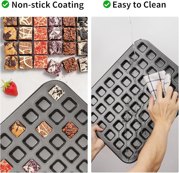 Beasea Mini Brownie Bite Pan with Dividers, 2 Pack 48 Mini Small Tiny Cup All Edges Non Stick Square Cupcake Baking Sheet Tin Tray Carbon Steel Bakeware Individual Baking Muffin Pan - Black