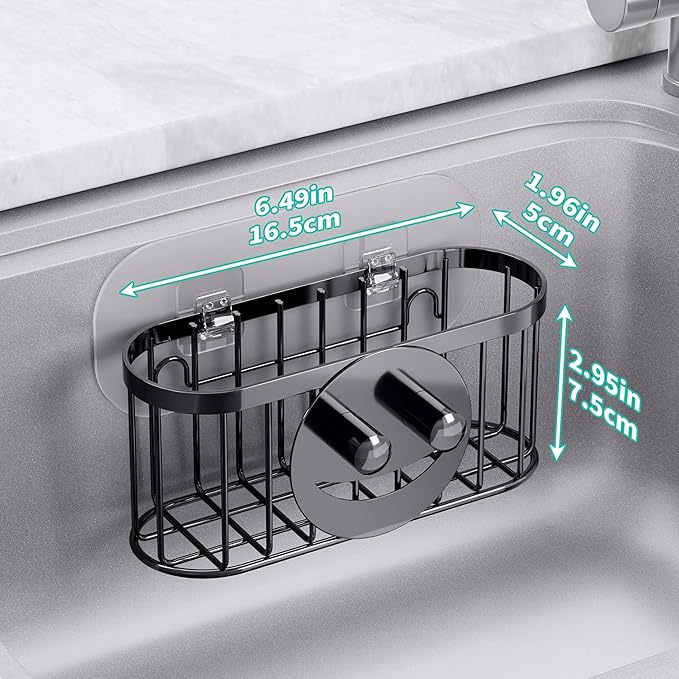 HapiRm Sink Caddy Sponge Holder - 2 Installation Ways Kitchen Sink Organizer with Smiley Face Sponge Holder, Stainless Steel Kitchen Caddy - Black
