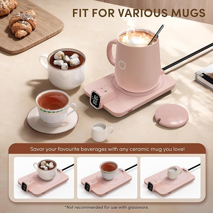 Coffee Mug Warmer & iKago Mug Set, Accurate Temperature Control Smart Heated Mug for Desk, Electric Coffee Warmer with Auto Shut Off & Real-Time Temp Display, Gifts for Men Women, 15oz Ceramic Mug