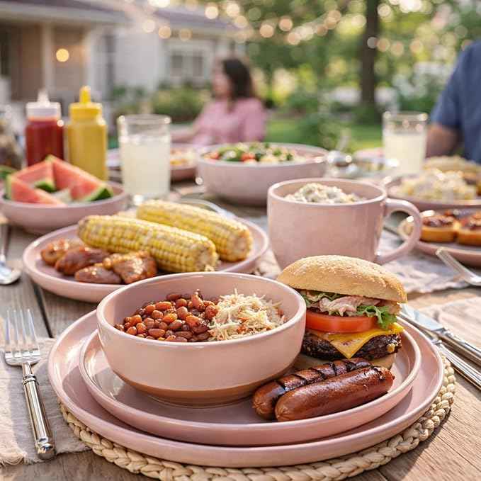 AmorArc Ceramic Dinnerware Sets for 8, 24 Pieces Handpainted Speckled Plates and Bowls Set with Rustic Terracotta Underside, Scratch Resistant Stoneware Dishes Set, Dishwasher & Microwave Safe, Pink