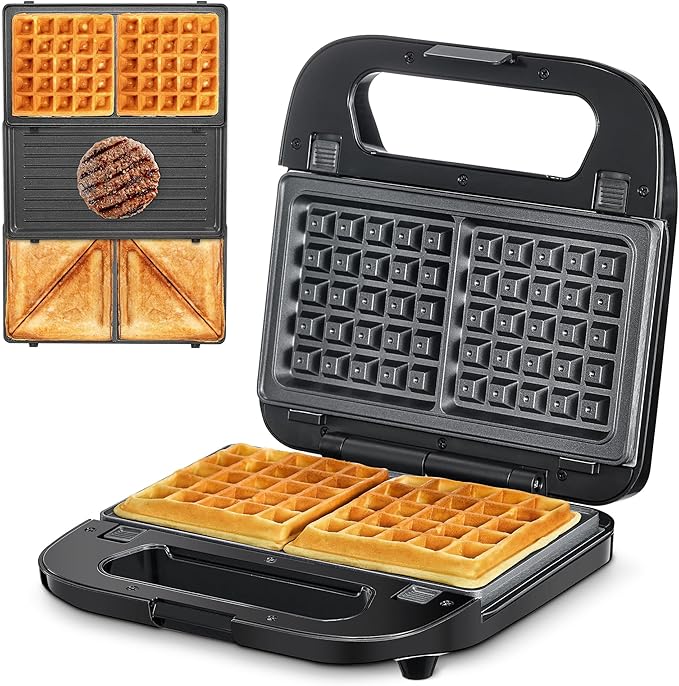 Reemix 3-in-1 Waffle, Grill & Sandwich Maker, Panini Press Grill and Waffle Iron Set with Removable Non-Stick Plates, Perfect for Grilled Cheese, Tuna Melts, Burgers, Steaks (Black, Plastic)