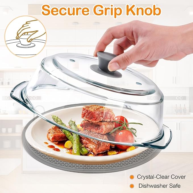 Glass Microwave Splatter Cover for Food with Microwave Place Mat - Sturdy Plate Guard Lid with Vent Holes and Easy-Grip Silicone Handle - BPA Free, Dishwasher Safe (Grey)