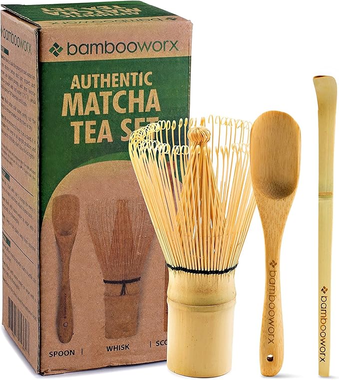 BambooWorx Matcha Whisk Set - (Chasen), Traditional Scoop (Chashaku), Tea Spoon. The Perfect Sets to Prepare a Traditional Cup of Japanese Tea, Handmade from 100% Natural Bamboo