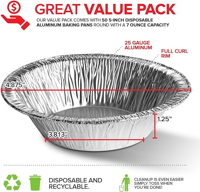 Stock Your Home 5 Inch Aluminum Foil Pie Pans (50 Count) - Disposable & Recyclable Mini Pie Pans - Foil Pie Tin for Bakeries, Cafes, Restaurants - Durable Mini Foil Pans for Pies, Fruit Tarts, Quiche