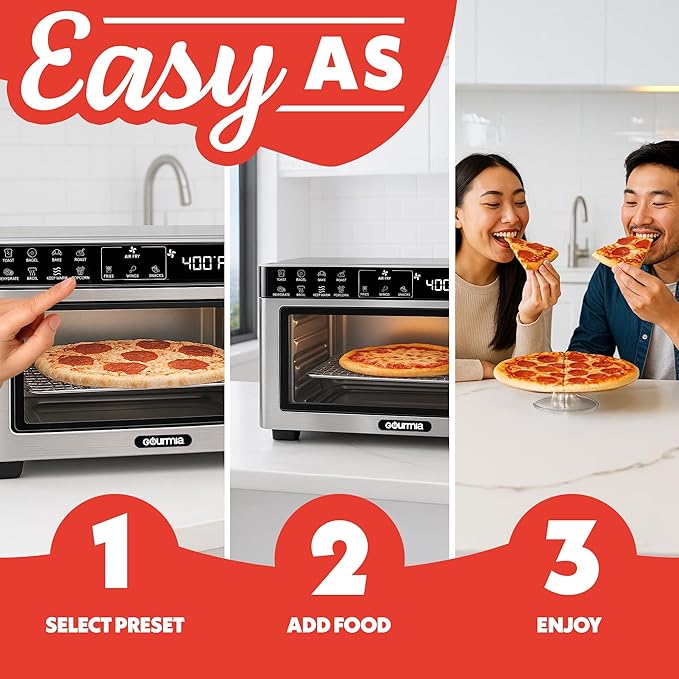 Gourmia Toaster Oven Digital Air Fryer - Convection Mode with 4 Slice Capacity, 3 Rack Positions, 12 Presets, Toast, Bagel, Bake, Roast, Broil, Dehydrate, Popcorn, Fits 9" Pizza, Stainless Steel