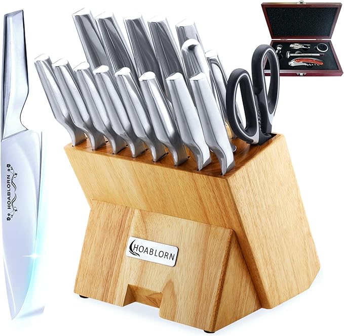 Knife Set with Block Knife Set German Stainless Steel 17 Piece Kitchen Knife Set Knife Knives Set，We Will also Throw In 1 Box Of 5 Piece Wine Corkscrew Set!