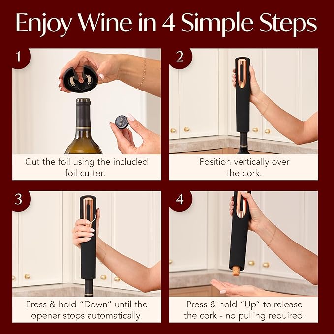 Electric Wine Opener Battery Operated with Stand and Built-in Foil Cutter - Automatic Wine Opener - Electric Corkscrew for Easy Cork Removal - Best Gift for Wine Lover (Black & Rose Gold)