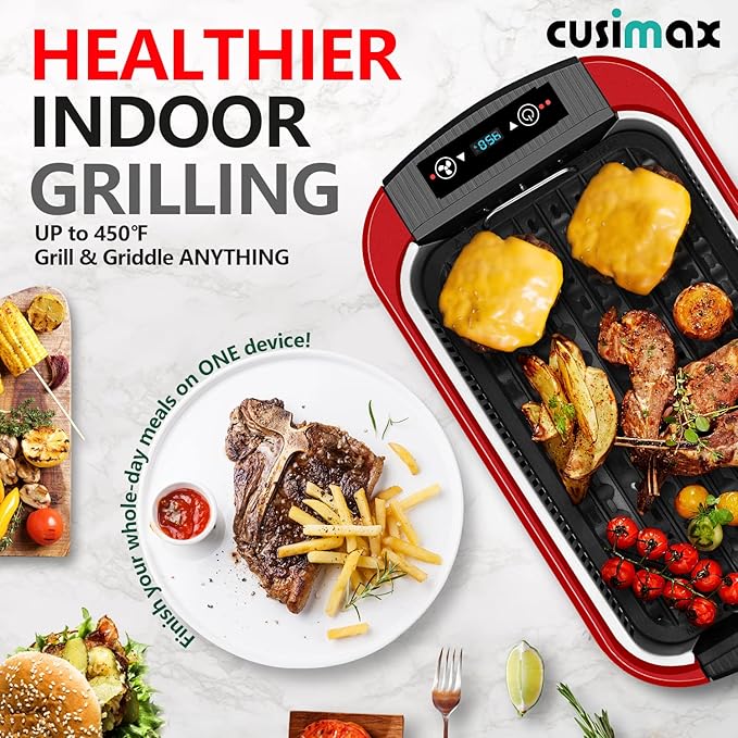 Indoor Grill, CUSIMAX Smokeless Grill Indoor, Electric Griddle, 1500W Korean BBQ Grill with LED Smart Display & Tempered Glass Lid, Non-stick Removable Plate & Griddle Plate, Red