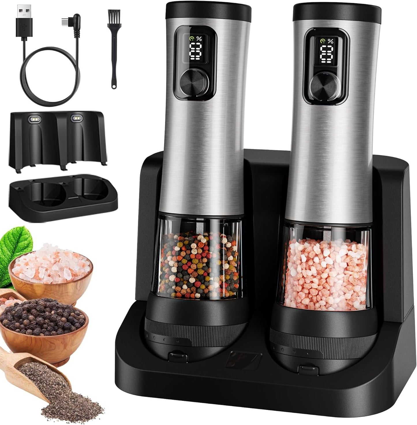 Electric Salt and Pepper Grinder Set, 2-Speed Setting, Stainless Steel Rechargeable Automatic Pepper Mill Shakers with USB Charging Base,100ml Large Capacity, External Adjustable Coarseness,LED Light